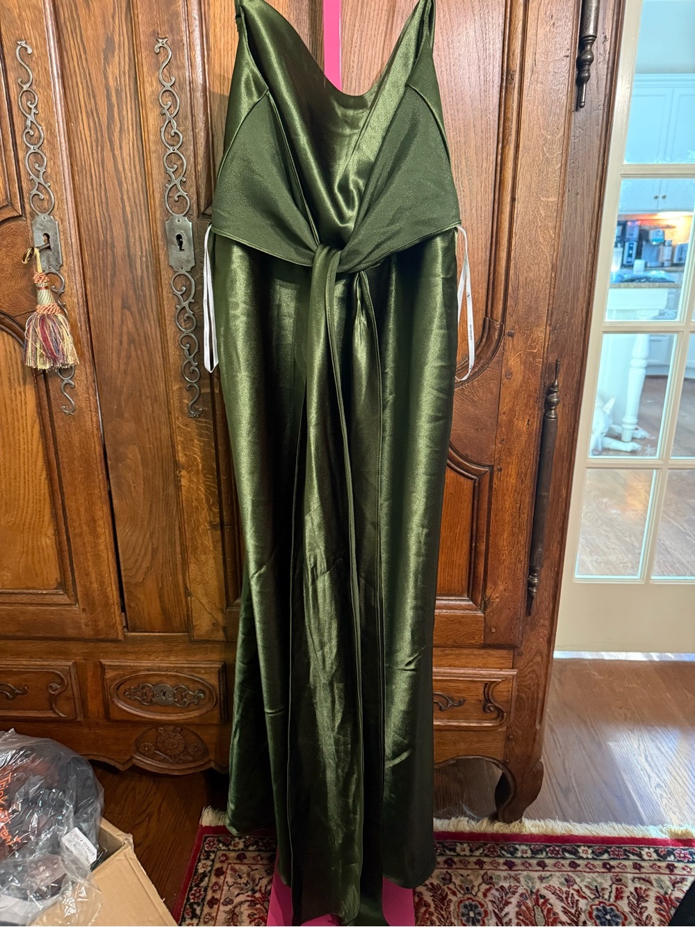 Olive Green Satin Maxi Dress with Tie Front